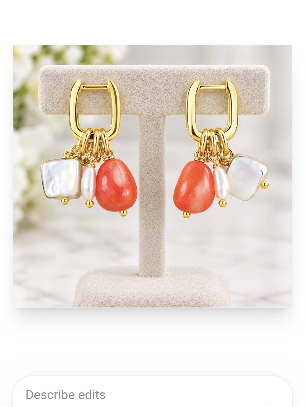 18k Gold Plated Gold Hoop Earrings with Coral Mother Of Pearl And Fayx Pearl
